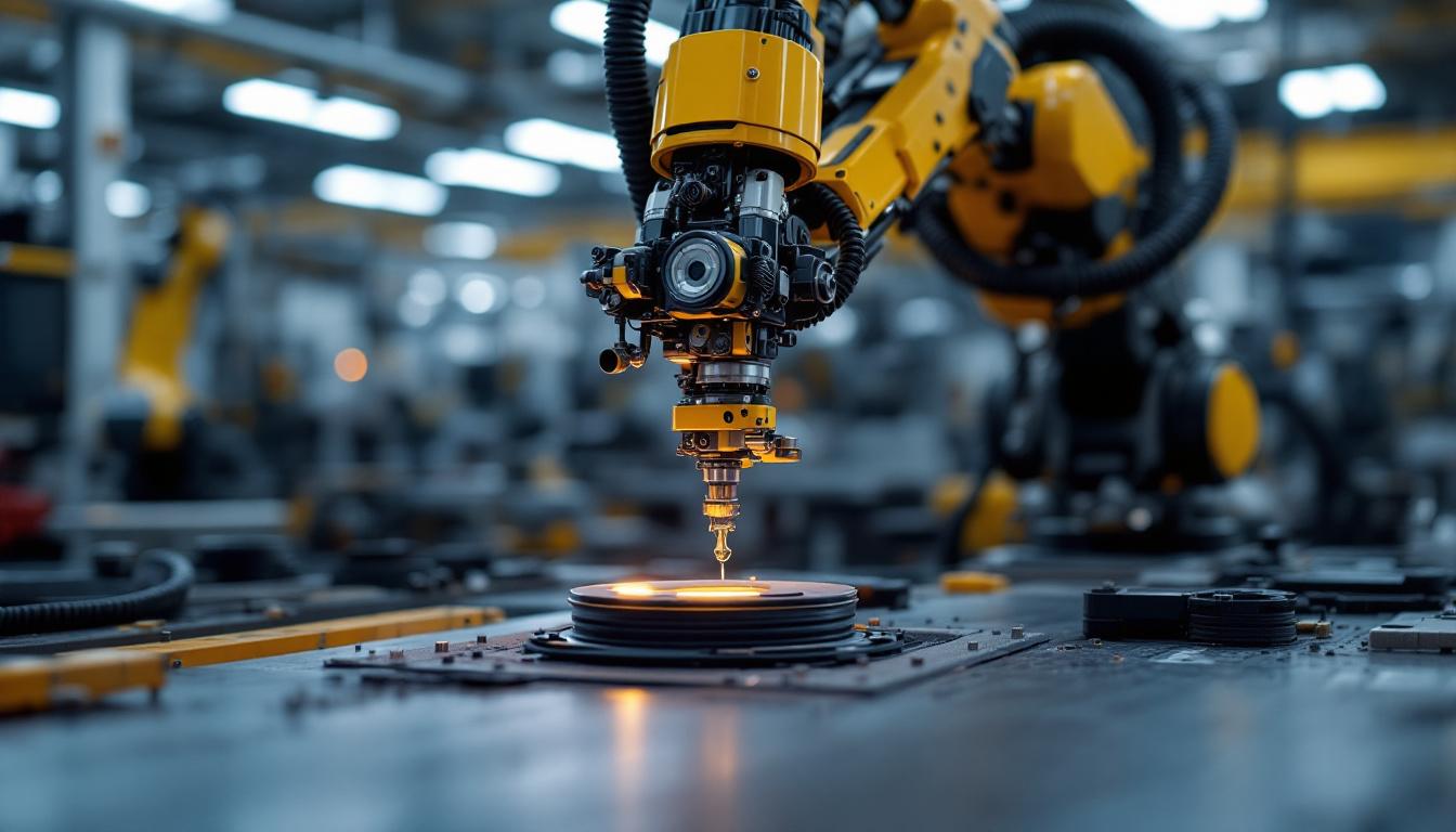 A photograph of a modern industrial robot in action