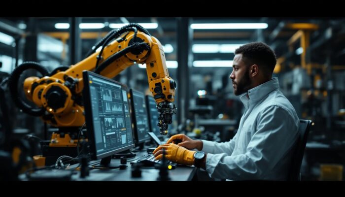 A photograph of a skilled technician programming or operating an industrial robotic arm in a control systems lab