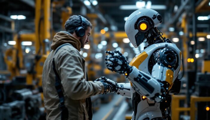 A photograph of a sleek industrial robot in action