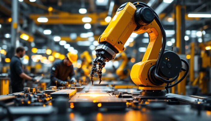 A photograph of a sleek industrial robotic arm in action