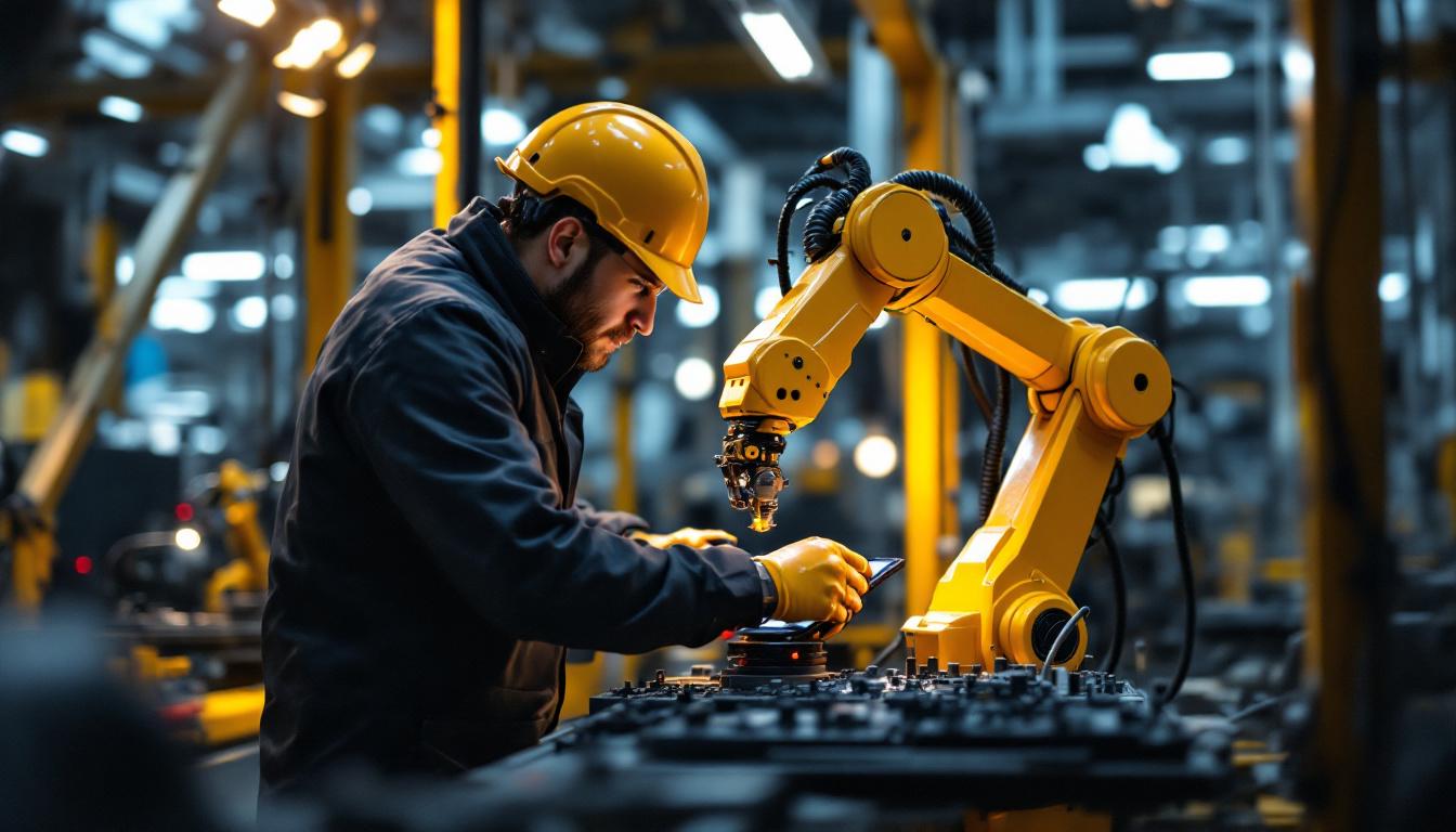 A photograph of a skilled technician programming or operating an industrial robot in a modern manufacturing setting