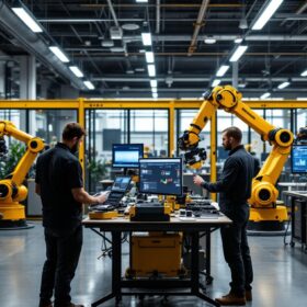 A photograph of a dynamic industrial robotics workspace in boston