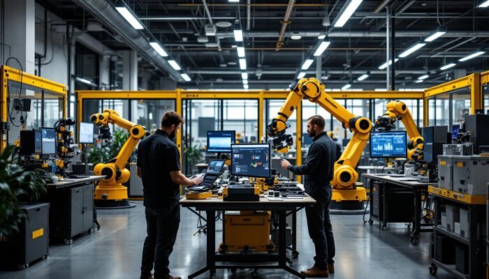 A photograph of a dynamic industrial robotics workspace in boston