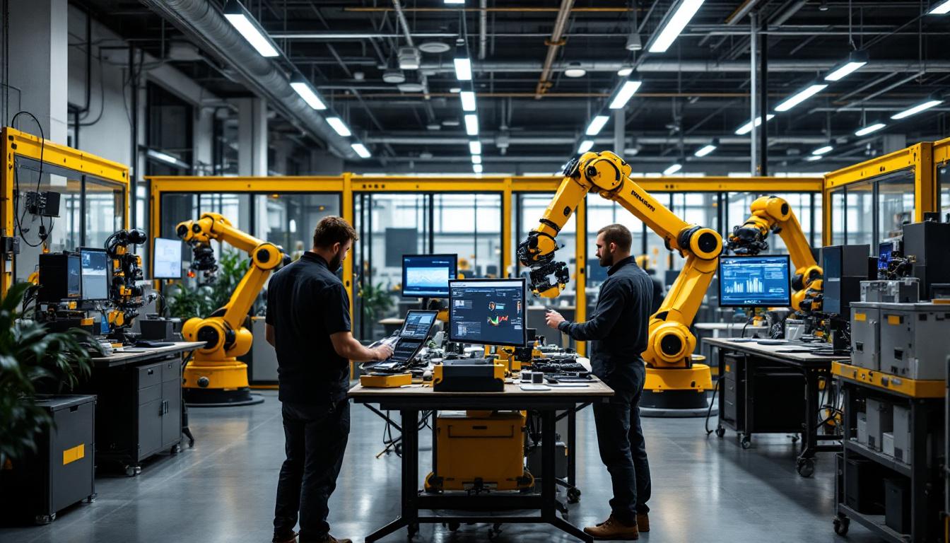 A photograph of a dynamic industrial robotics workspace in boston