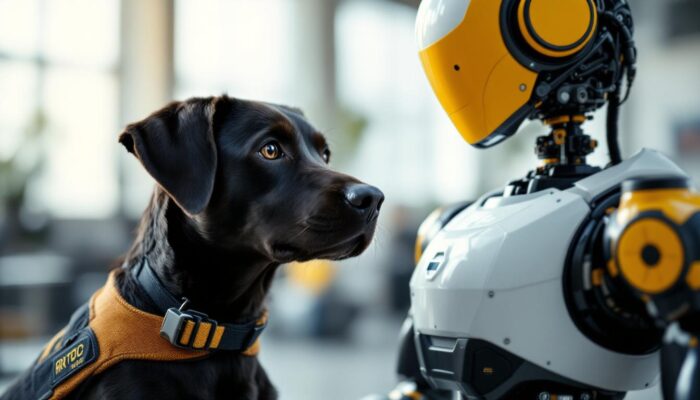 A photograph of a service dog in training alongside an industrial robot in a boston setting