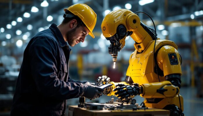 A photograph of capture a photograph of a skilled technician working alongside an industrial robot in a modern warehouse or manufacturing setting