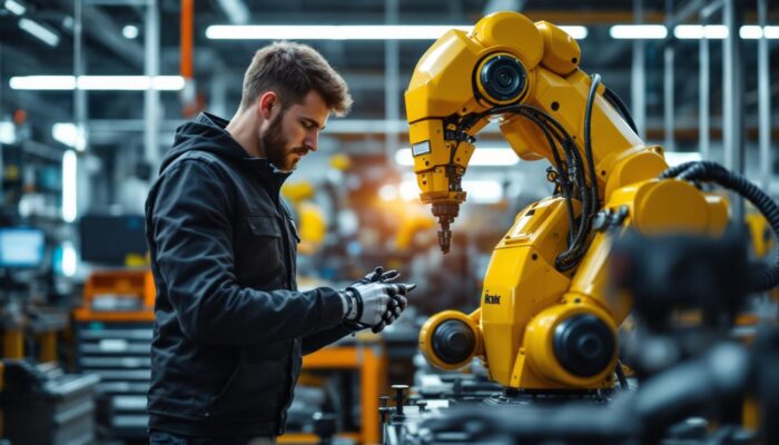 A photograph of a mechanical engineering intern working hands-on with an industrial robot in a modern workshop setting