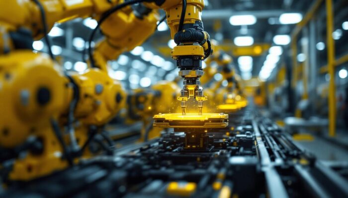 A photograph of a high-tech industrial robotic arm performing an automated inspection on a vehicle assembly line