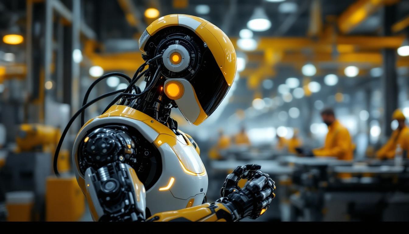 A photograph of a sleek industrial robot in action within a modern manufacturing environment