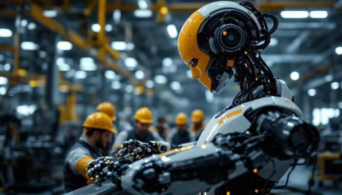 A photograph of a sleek industrial robot in action within a modern manufacturing facility