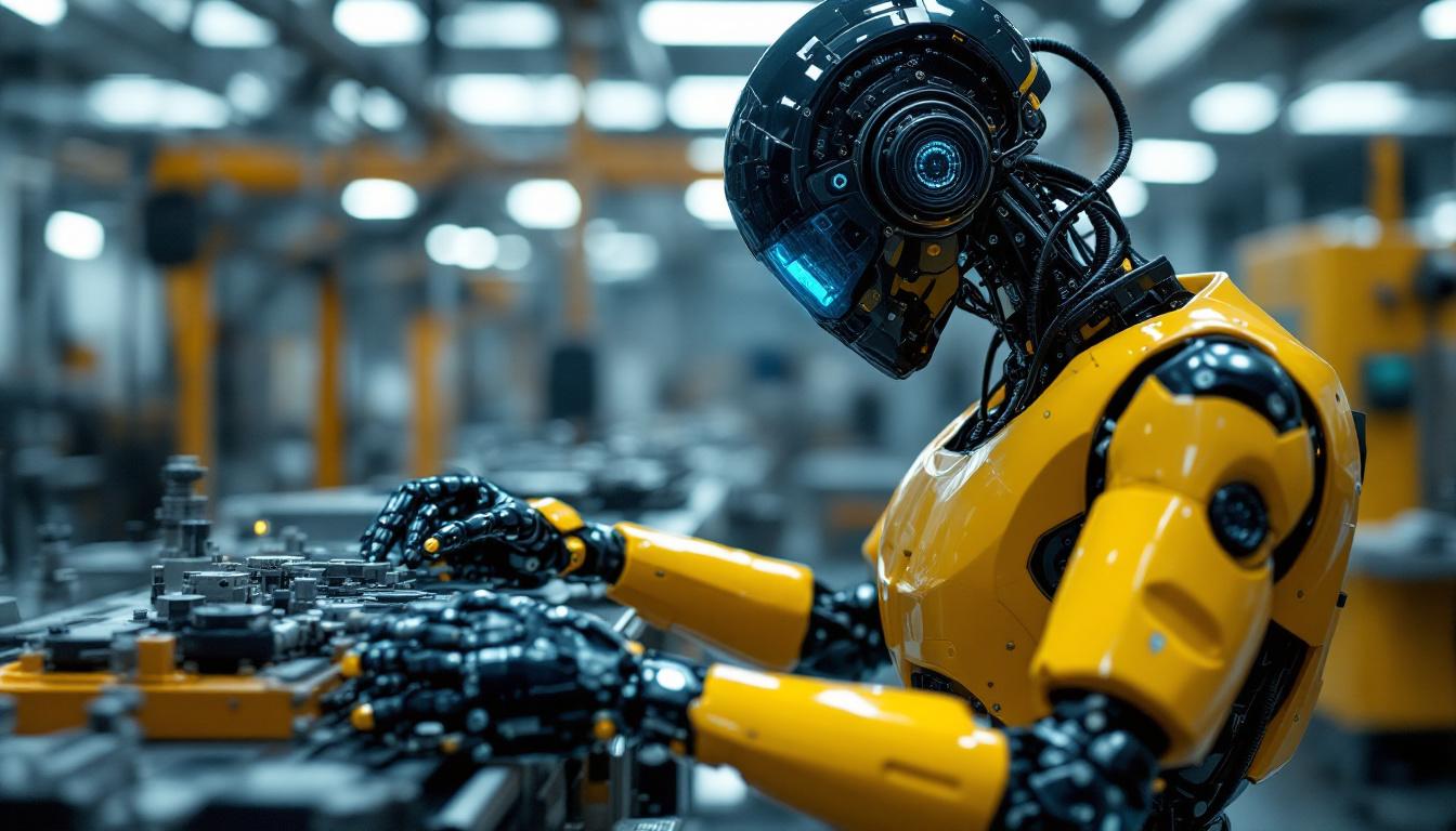 A photograph of a sleek industrial robot in action within a modern manufacturing environment