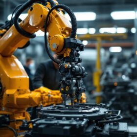 A photograph of a semi-mobile mechanic working on an industrial robotic arm in a well-lit workshop
