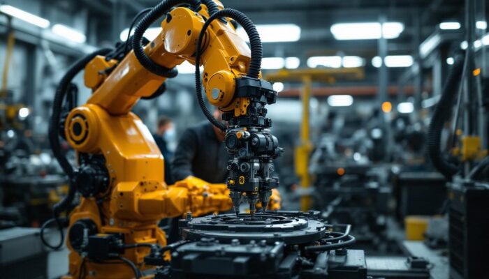 A photograph of a semi-mobile mechanic working on an industrial robotic arm in a well-lit workshop