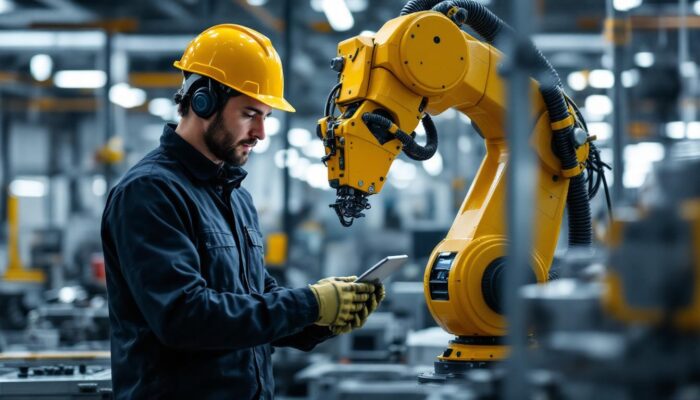 A photograph of a skilled technician interacting with an industrial robot in a modern manufacturing setting
