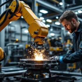 A photograph of a skilled technician operating an industrial robotic arm in a modern cnc machining facility