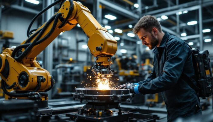 A photograph of a skilled technician operating an industrial robotic arm in a modern cnc machining facility