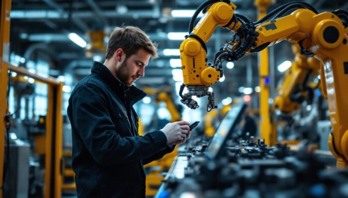 A photograph of a skilled technician working on an industrial robot in a modern boston manufacturing facility