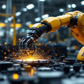 A photograph of a sleek industrial robotic arm in action