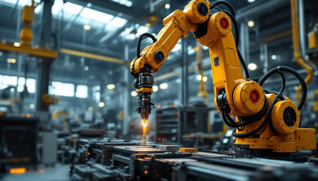 A photograph of a sleek industrial robotic arm in action