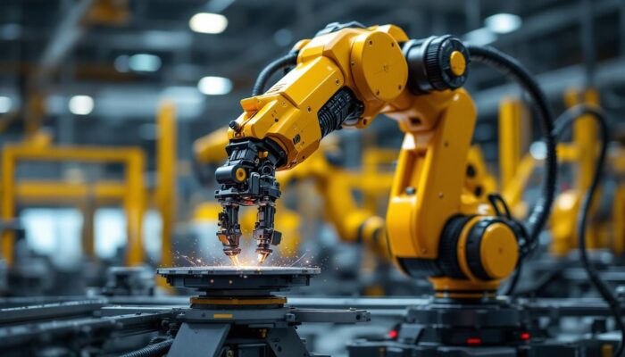 A photograph of a sleek and modern industrial robotic arm in action