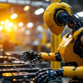 A photograph of capture a photograph of an industrial robot in action within a manufacturing environment