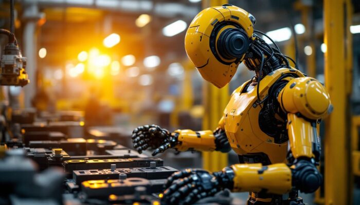 A photograph of capture a photograph of an industrial robot in action within a manufacturing environment