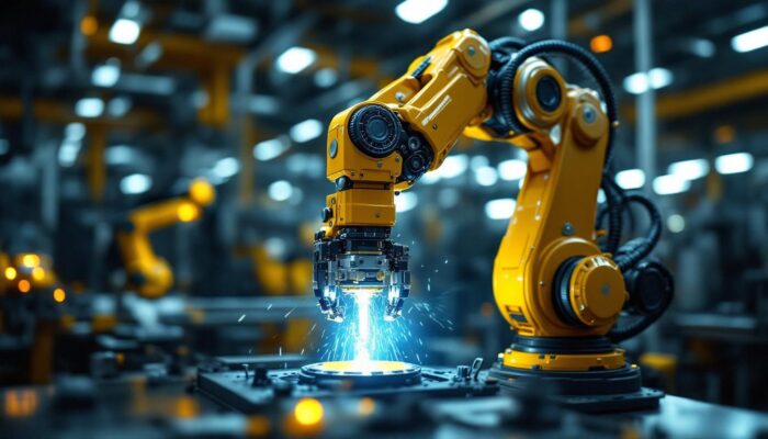 A photograph of a well-lit industrial robotic arm in action