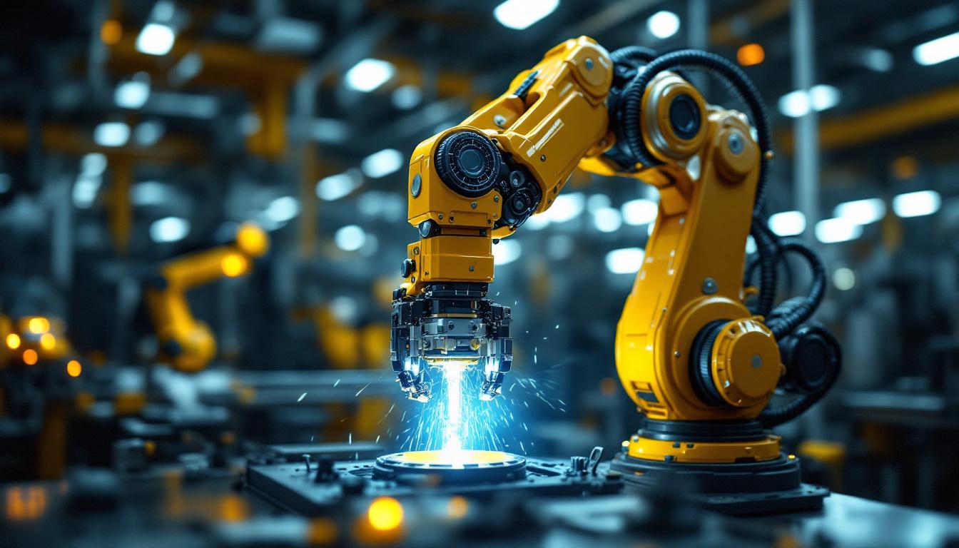 A photograph of a well-lit industrial robotic arm in action