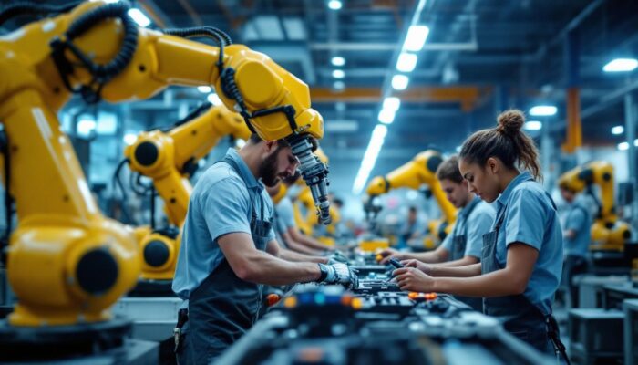 A photograph of a dynamic scene featuring a diverse group of summer interns engaged in hands-on work with industrial robots in a modern boston manufacturing facility