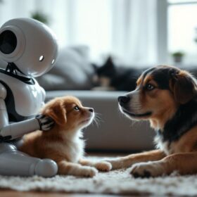 A photograph of a friendly robotic pet sitter interacting with a playful dog or cat in a cozy home environment