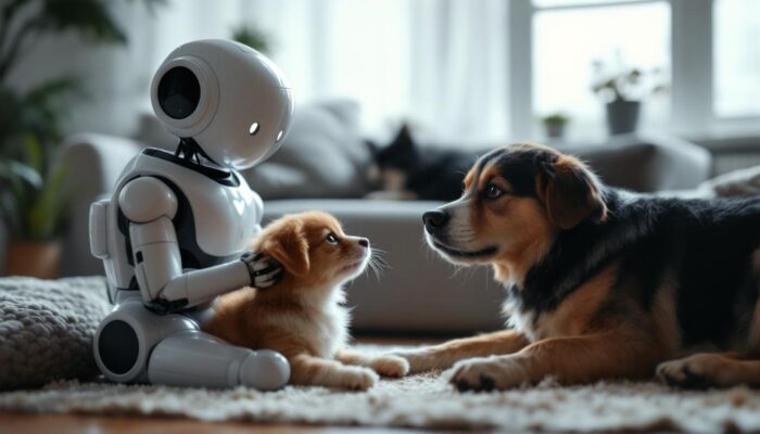 A photograph of a friendly robotic pet sitter interacting with a playful dog or cat in a cozy home environment