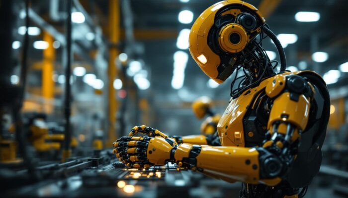 A photograph of a collaborative robot working alongside a human operator in an industrial setting