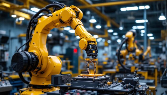 A photograph of a sleek industrial robotic arm in action