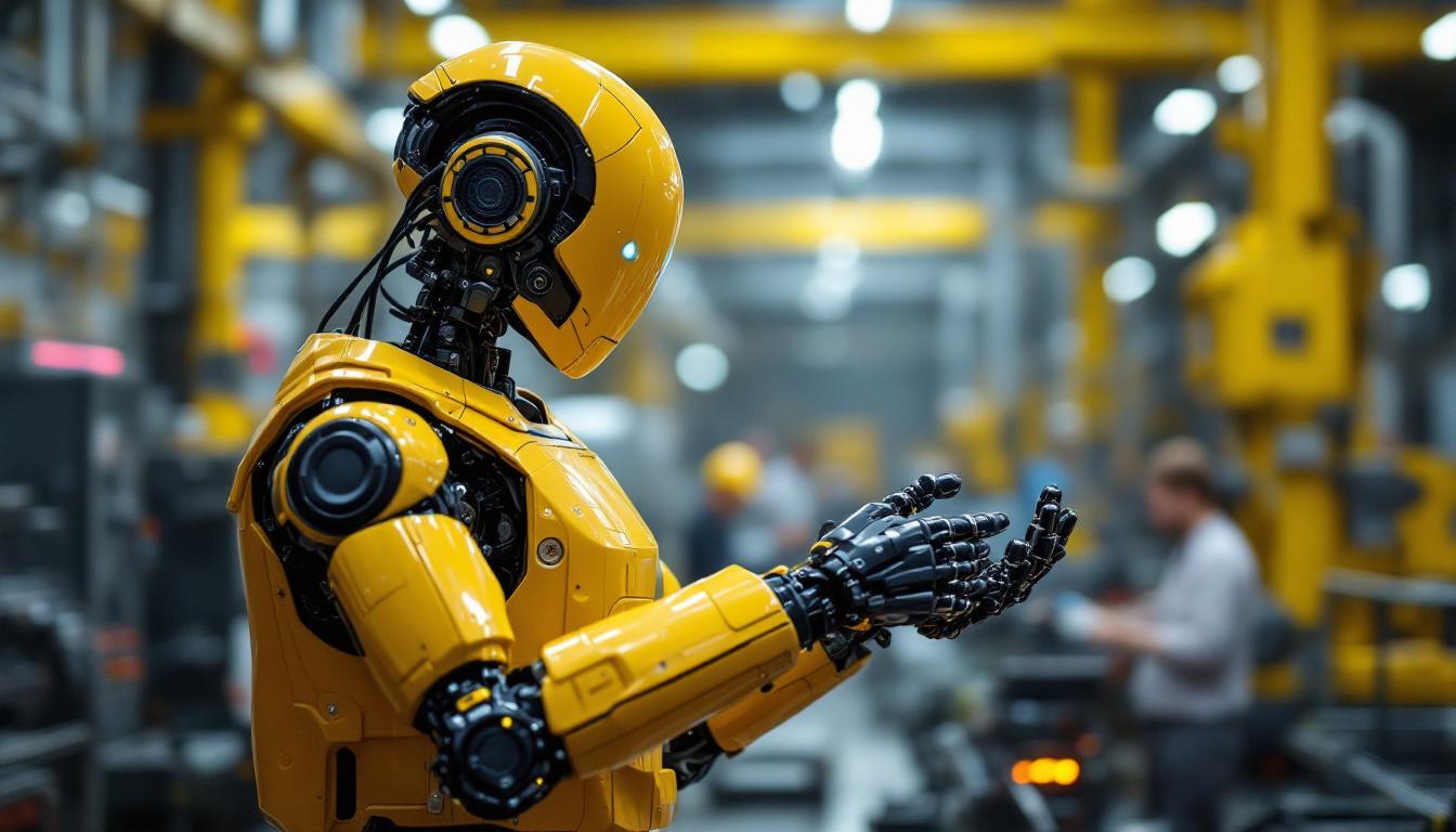 A photograph of a humanoid robot in an industrial setting