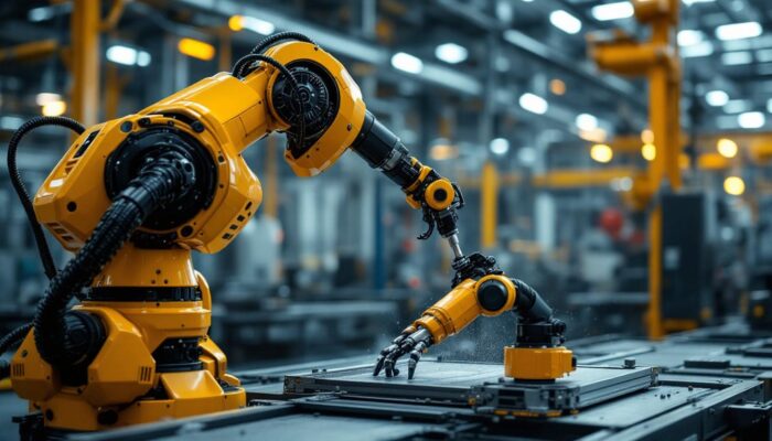 A photograph of a dynamic industrial robot in action within a manufacturing setting