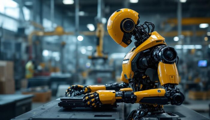 A photograph of a sleek industrial robot in action within a manufacturing environment