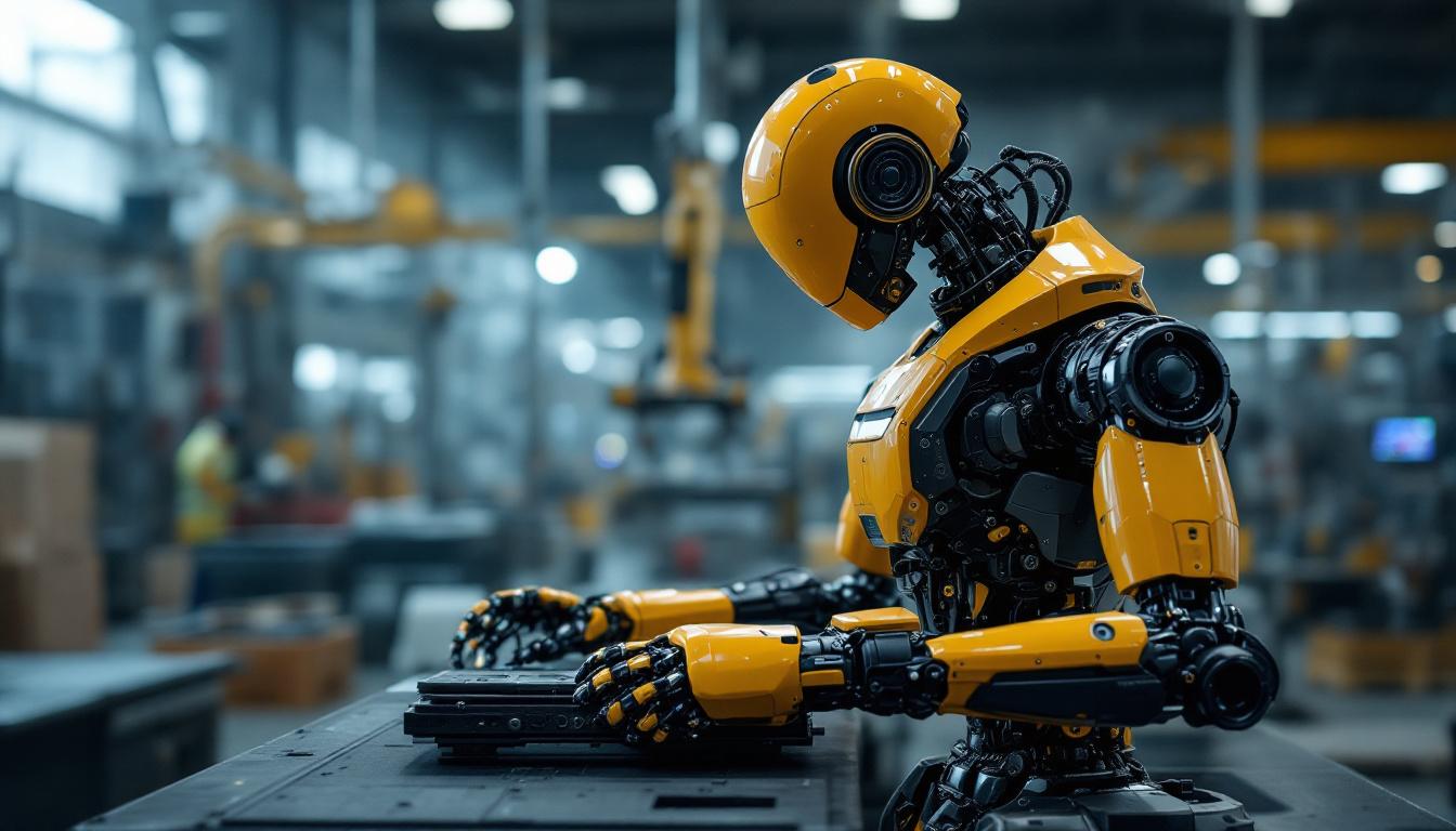 A photograph of a sleek industrial robot in action within a manufacturing environment