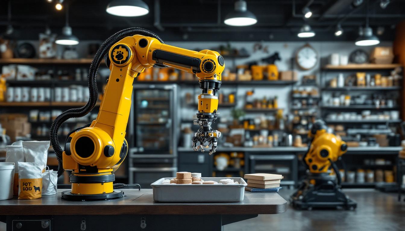 A photograph of a sleek industrial robotic arm in action at a dog store in boston
