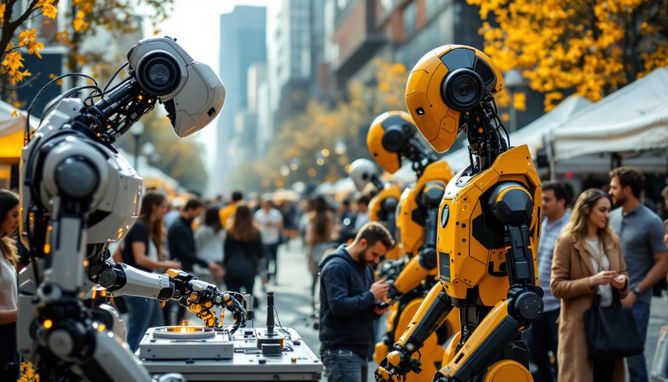 A photograph of a vibrant outdoor scene featuring a diverse group of people engaging with industrial robots in a festive atmosphere