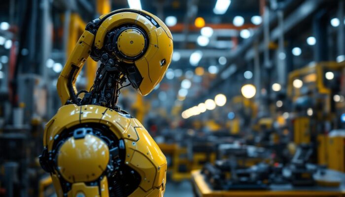 A photograph of a sleek industrial robot in action within a modern manufacturing facility