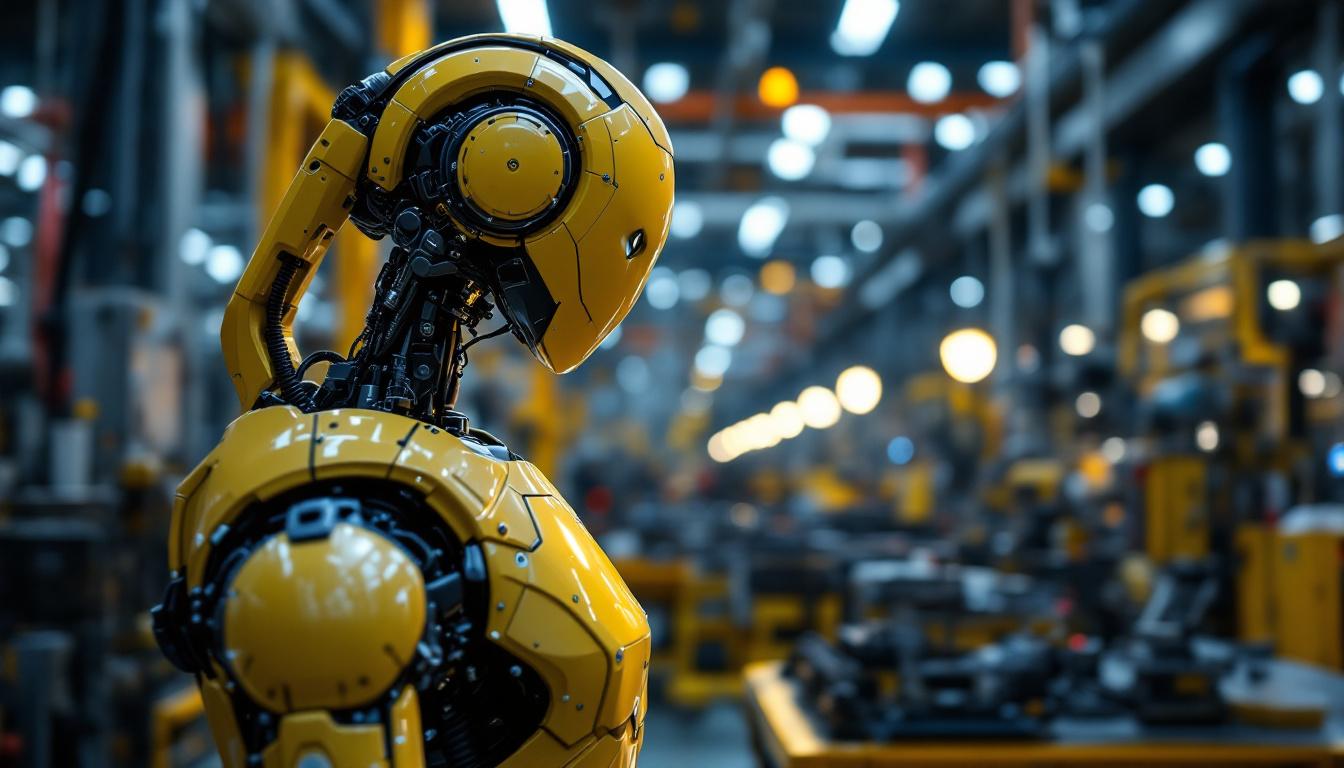 A photograph of a sleek industrial robot in action within a modern manufacturing facility