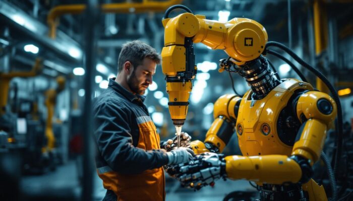 A photograph of a skilled rotational engineer working alongside an industrial robot in a dynamic manufacturing environment