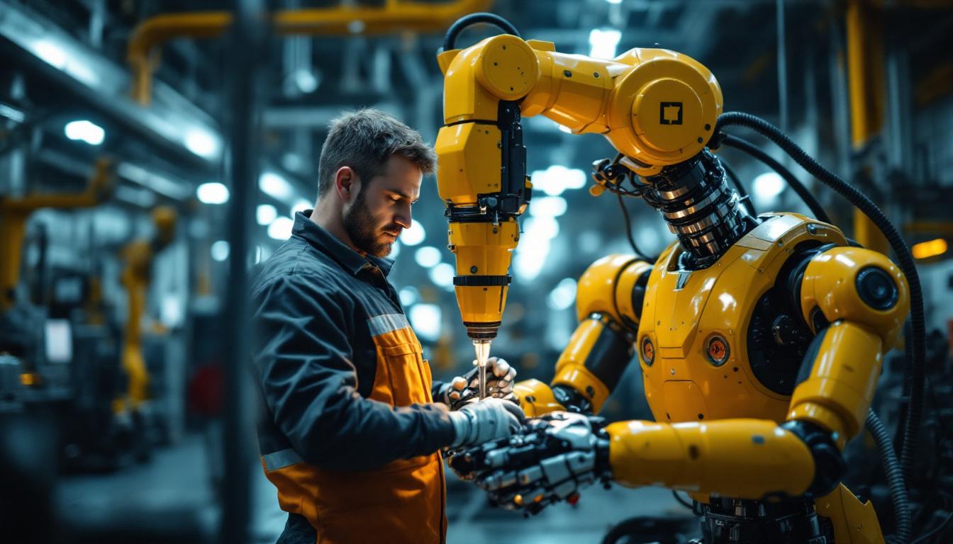 A photograph of a skilled rotational engineer working alongside an industrial robot in a dynamic manufacturing environment