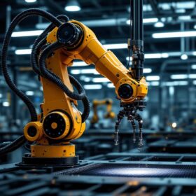 A photograph of a sleek industrial robotic arm in action