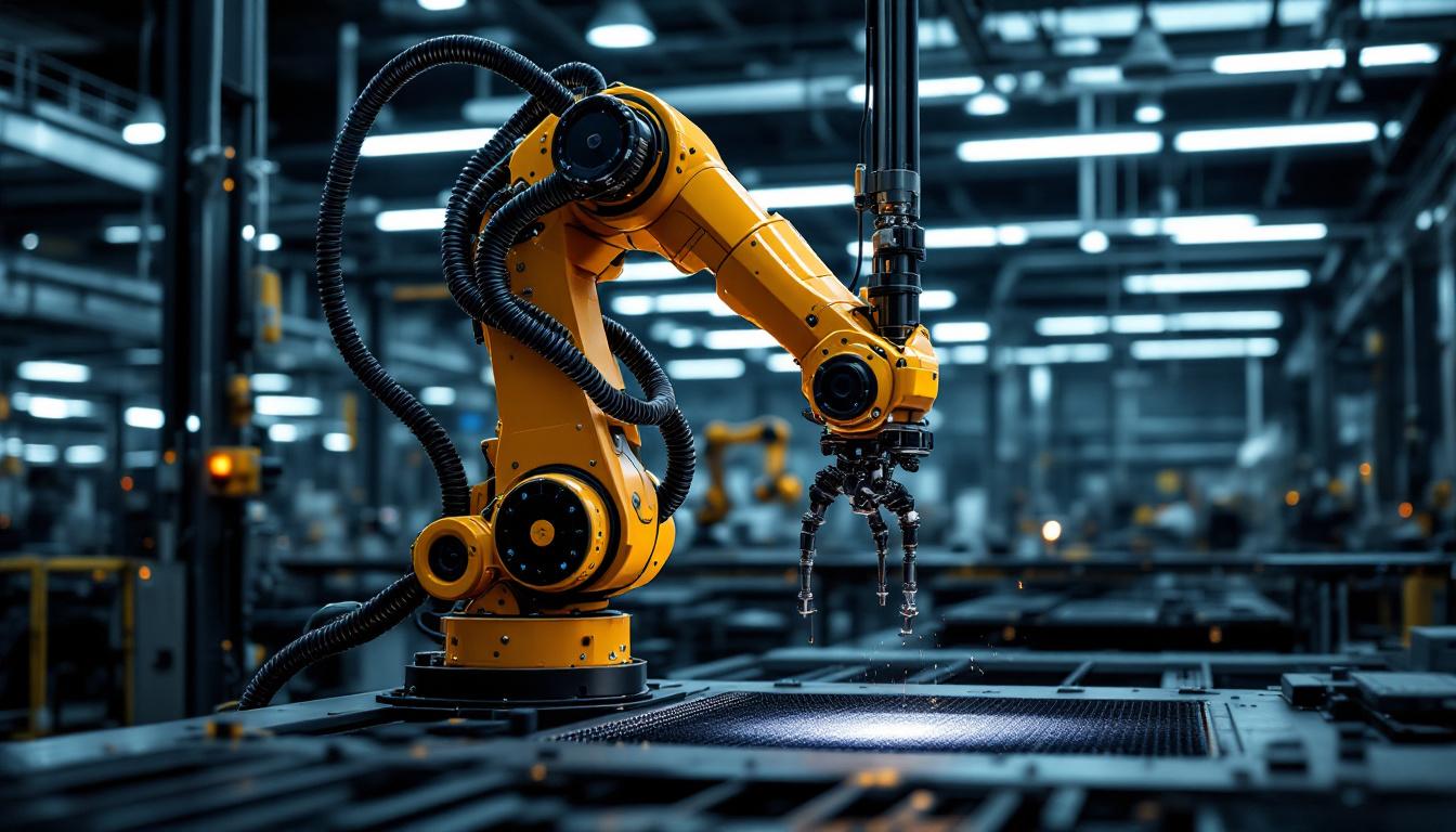 A photograph of a sleek industrial robotic arm in action