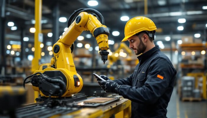 A photograph of a skilled technician programming or operating an industrial robotic arm in a modern warehouse or logistics facility