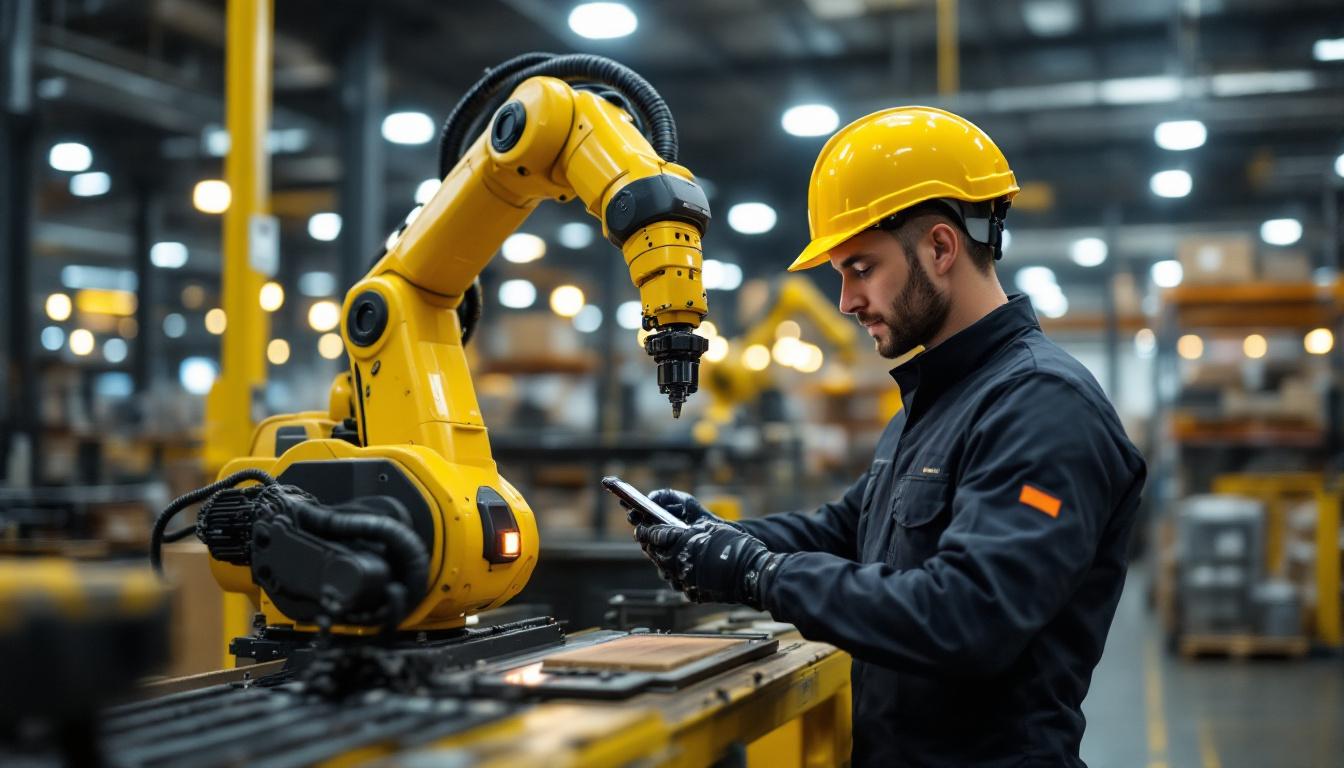 A photograph of a skilled technician programming or operating an industrial robotic arm in a modern warehouse or logistics facility