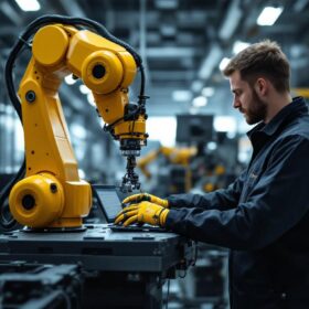 A photograph of a skilled technician programming or operating an industrial robot in a modern manufacturing setting