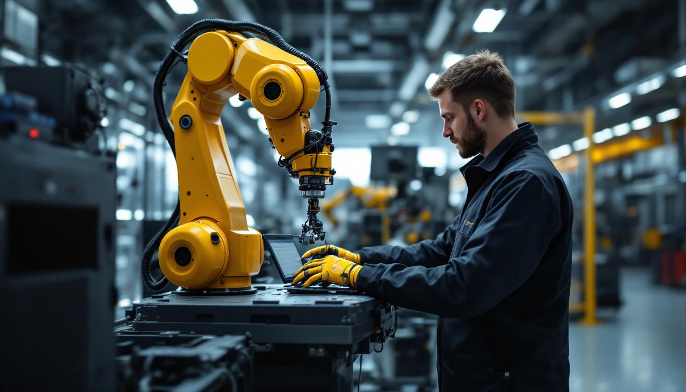 A photograph of a skilled technician programming or operating an industrial robot in a modern manufacturing setting
