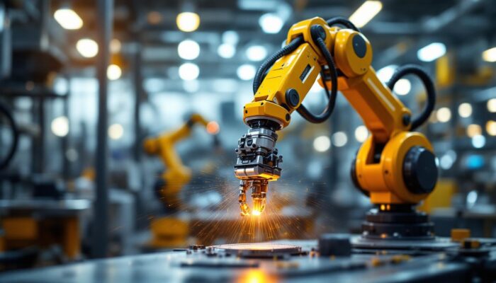 A photograph of a sleek industrial robotic arm in action